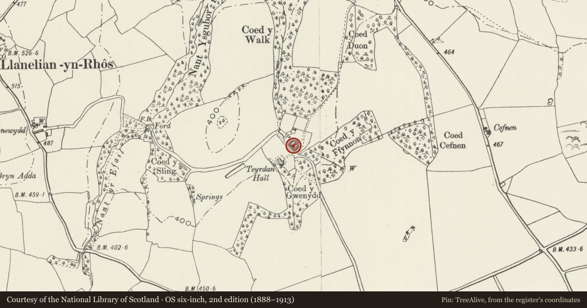 Ordnance Survey six-inch map, 2nd edition (1888–1913) covering the location of Quadrangular Agricultural Complex at Teyrdan, Betws Yn Rhos, Conwy, with a pin at the register's coordinates