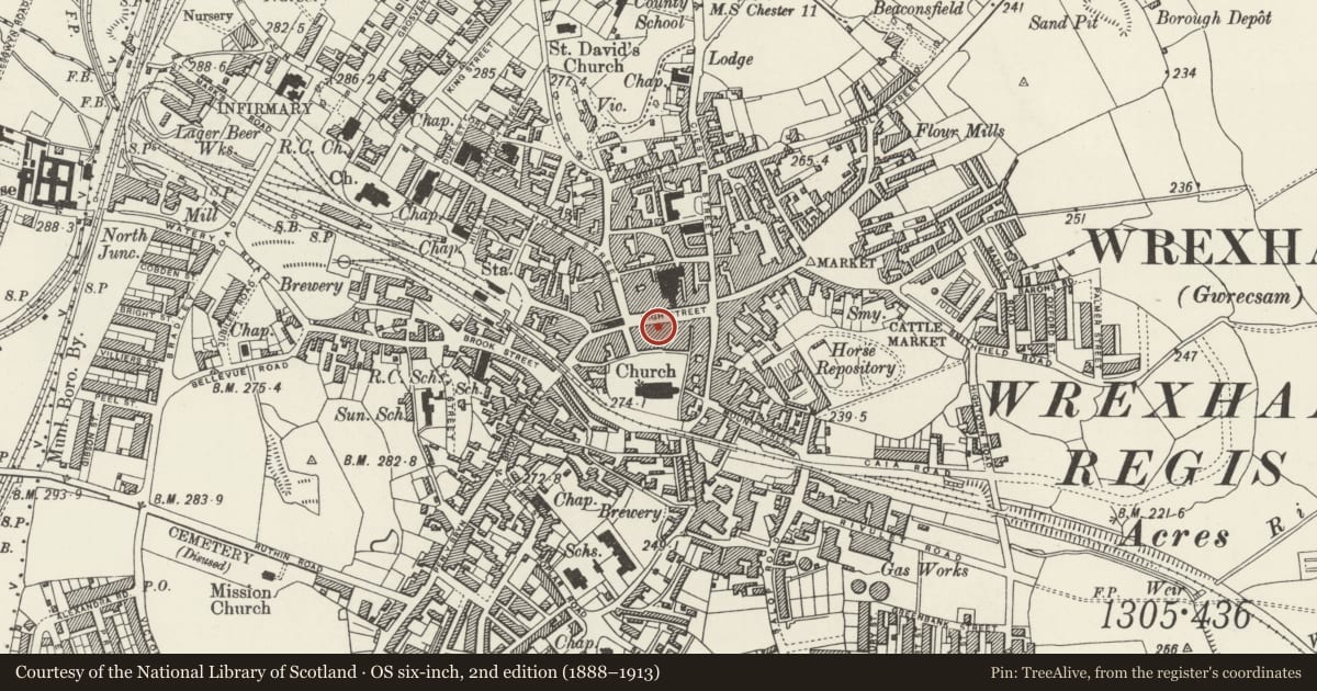 Ordnance Survey six-inch map, 2nd edition (1888–1913) covering the location of 36 High Street, Offa, Wrexham, with a pin at the register's coordinates