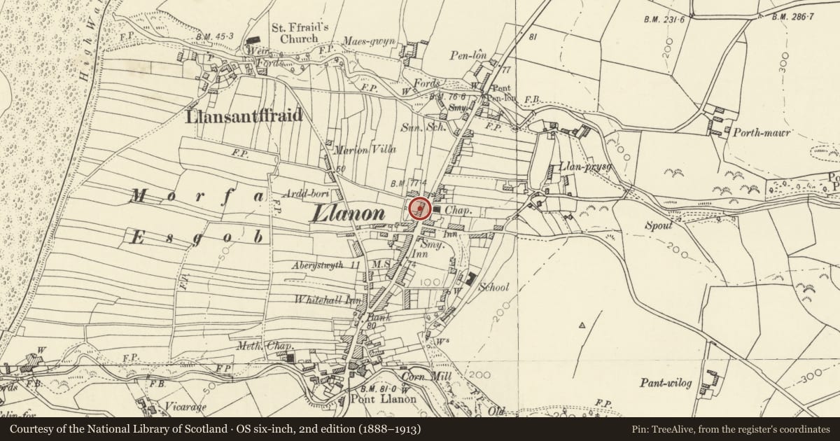 Ordnance Survey six-inch map, 2nd edition (1888–1913) covering the location of Afallon, Llansantffraed, Ceredigion, with a pin at the register's coordinates
