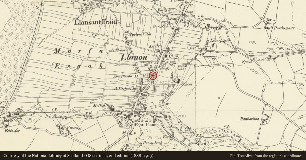 Ordnance Survey six-inch map, 2nd edition (1888–1913) covering the location of Milestone on A487, Llansantffraed, Ceredigion, with a pin at the register's coordinates