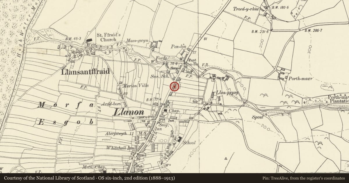 Ordnance Survey six-inch map, 2nd edition (1888–1913) covering the location of Dolfor, Llansantffraed, Ceredigion, with a pin at the register's coordinates
