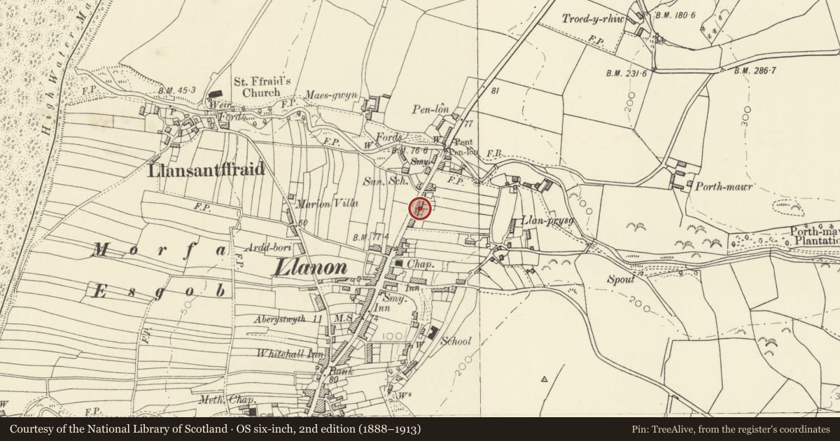 Ordnance Survey six-inch map, 2nd edition (1888–1913) covering the location of Priory, Llansantffraed, Ceredigion, with a pin at the register's coordinates