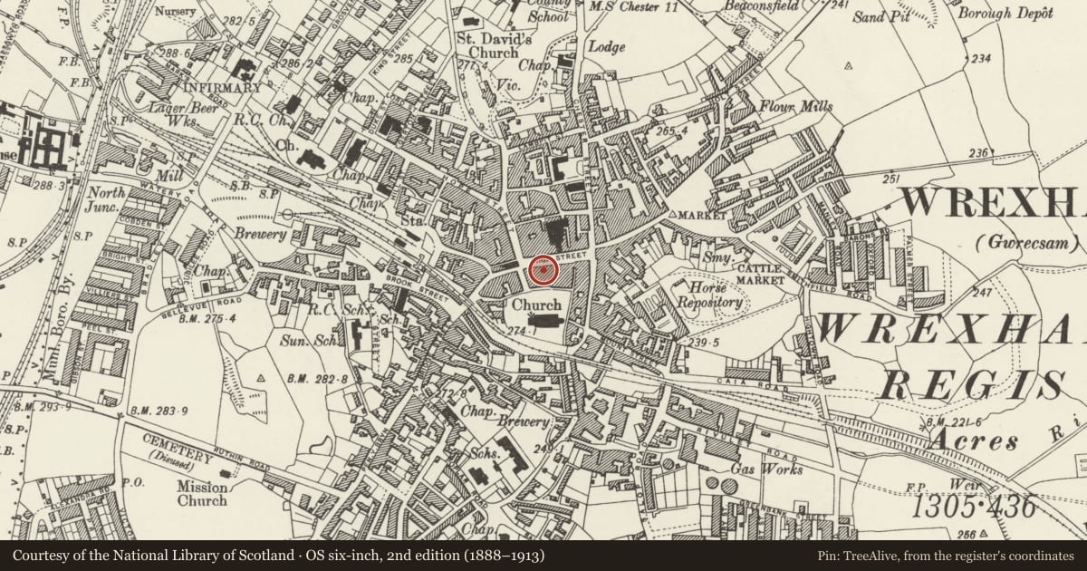 Ordnance Survey six-inch map, 2nd edition (1888–1913) covering the location of 38 High Street, Offa, Wrexham, with a pin at the register's coordinates