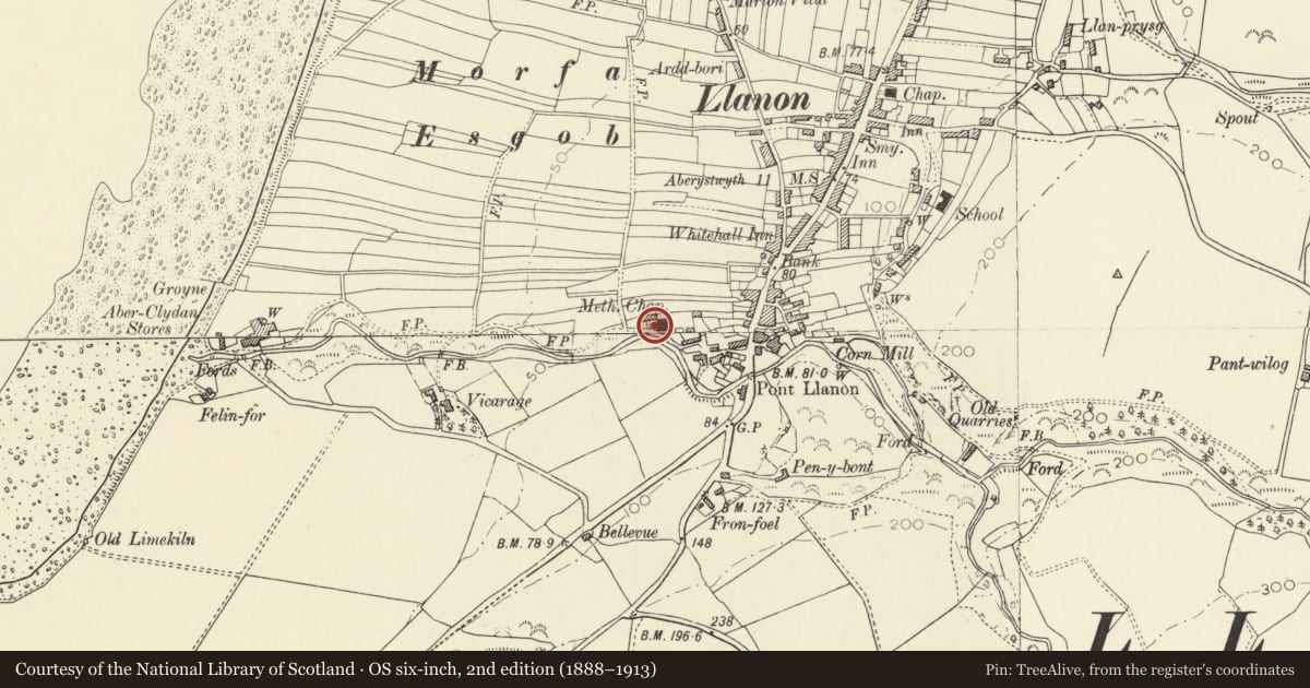 Ordnance Survey six-inch map, 2nd edition (1888–1913) covering the location of Chapel House, Llansantffraed, Ceredigion, with a pin at the register's coordinates
