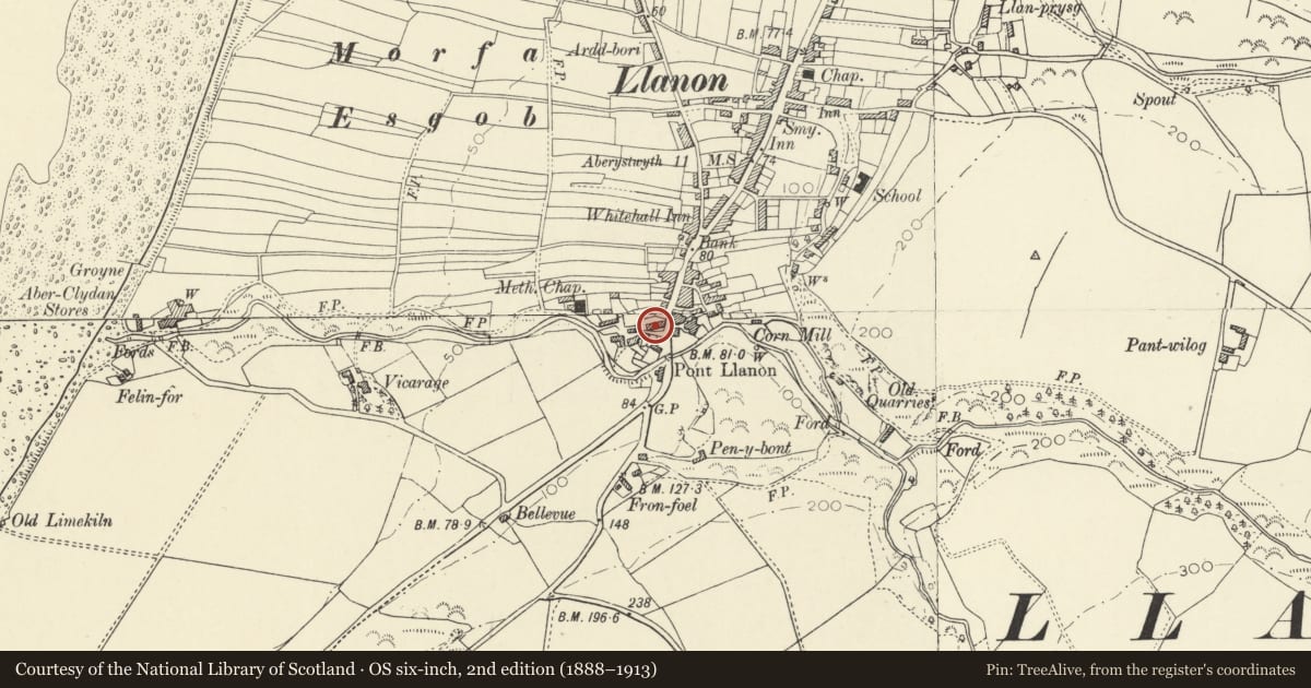 Ordnance Survey six-inch map, 2nd edition (1888–1913) covering the location of Glancledan, Llansantffraed, Ceredigion, with a pin at the register's coordinates