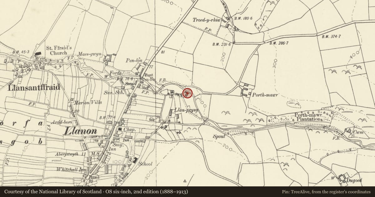 Ordnance Survey six-inch map, 2nd edition (1888–1913) covering the location of Glyn Cottage, Llansantffraed, Ceredigion, with a pin at the register's coordinates