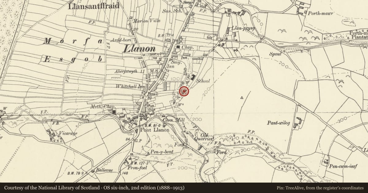 Ordnance Survey six-inch map, 2nd edition (1888–1913) covering the location of The Mount, Llansantffraed, Ceredigion, with a pin at the register's coordinates