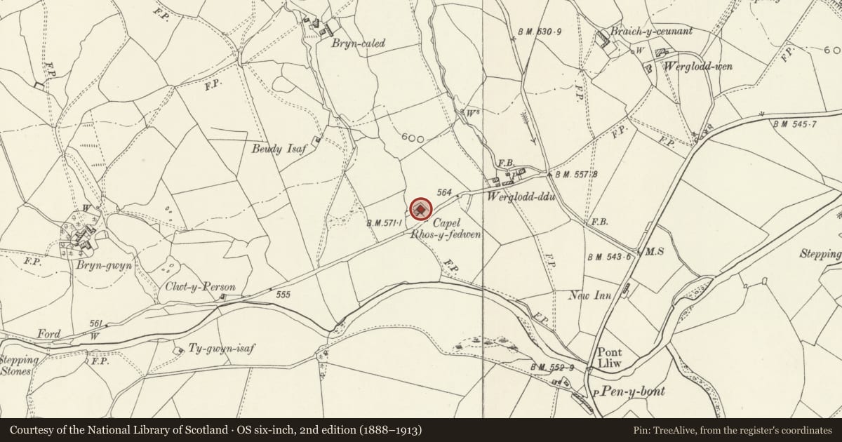 Ordnance Survey six-inch map, 2nd edition (1888–1913) covering the location of Hen Gapel, including walls and railings to forecourt, Llanuwchllyn, Gwynedd, with a pin at the register's coordinates