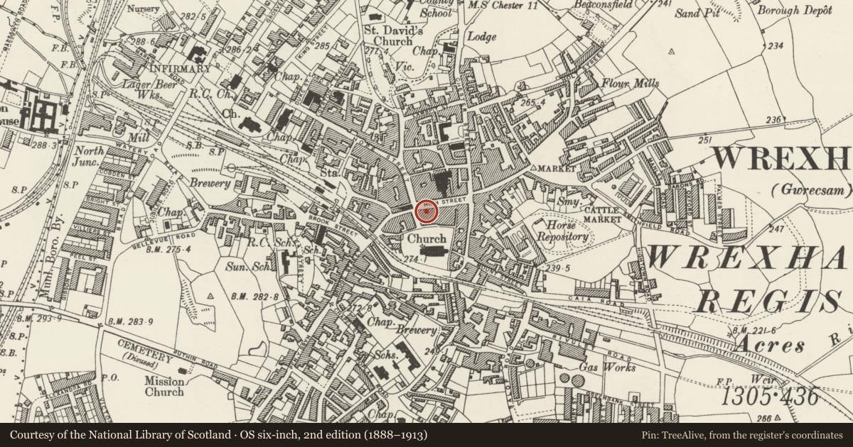 Ordnance Survey six-inch map, 2nd edition (1888–1913) covering the location of 40 High Street, Offa, Wrexham, with a pin at the register's coordinates