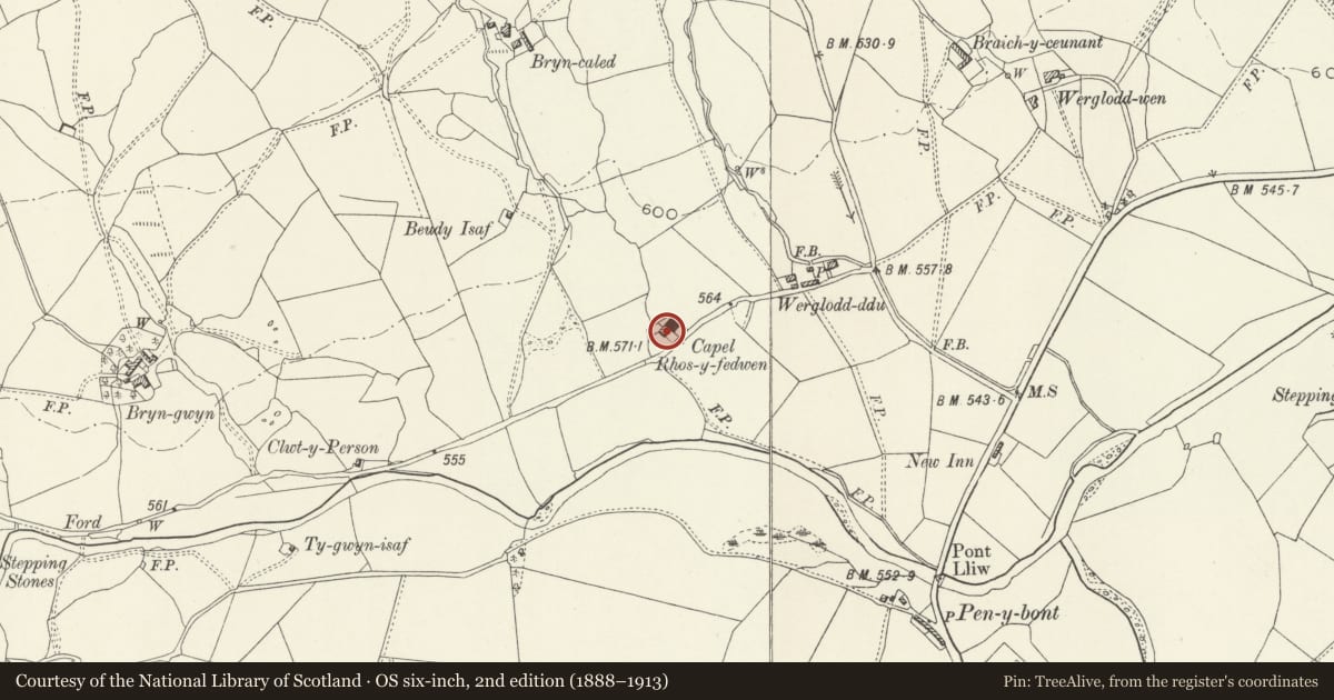 Ordnance Survey six-inch map, 2nd edition (1888–1913) covering the location of Ty'r Hen Gapel, Llanuwchllyn, Gwynedd, with a pin at the register's coordinates