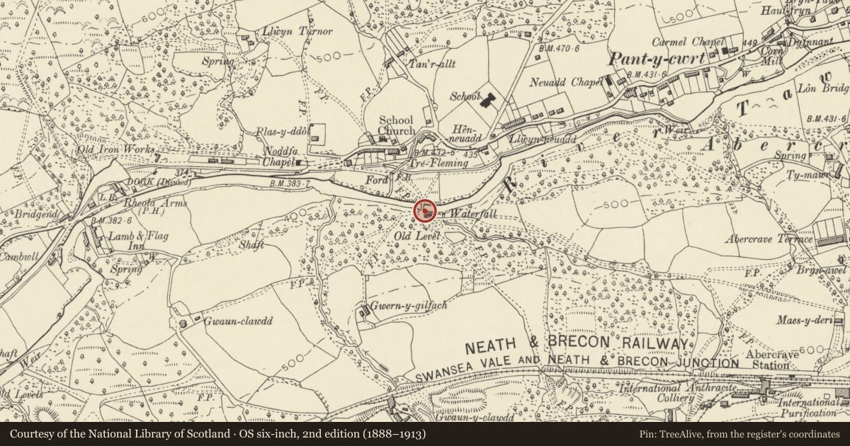 Ordnance Survey six-inch map, 2nd edition (1888–1913) covering the location of Yard House, Tawe-Uchaf, Powys, with a pin at the register's coordinates