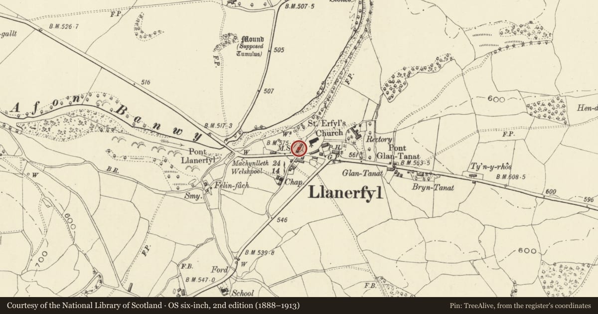 Ordnance Survey six-inch map, 2nd edition (1888–1913) covering the location of Bryn Erfyl and Tynllan, Llanerfyl, Powys, with a pin at the register's coordinates