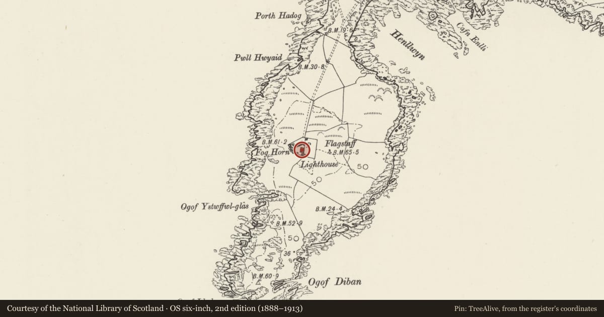 Ordnance Survey six-inch map, 2nd edition (1888–1913) covering the location of 'New Keepers' Quarters' at Bardsey Lighthouse, Aberdaron, Gwynedd, with a pin at the register's coordinates