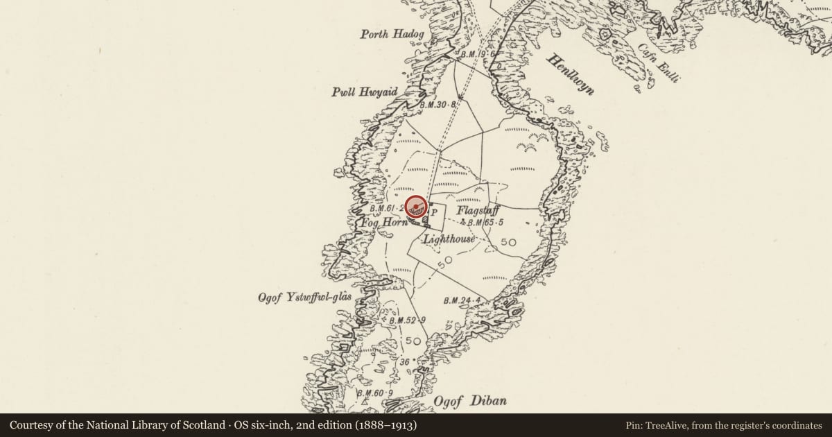 Ordnance Survey six-inch map, 2nd edition (1888–1913) covering the location of Compound Walls at Bardsey Lighthouse, Aberdaron, Gwynedd, with a pin at the register's coordinates