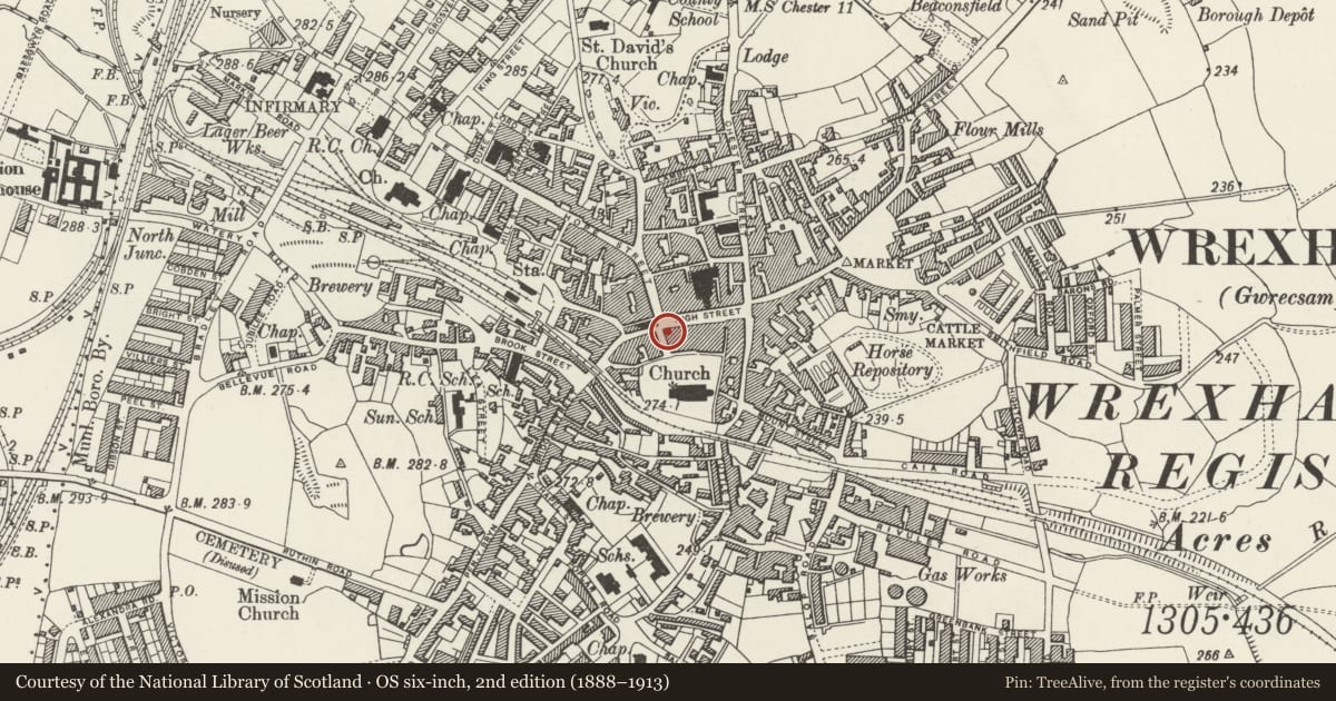 Ordnance Survey six-inch map, 2nd edition (1888–1913) covering the location of Trustee Savings Bank, Offa, Wrexham, with a pin at the register's coordinates