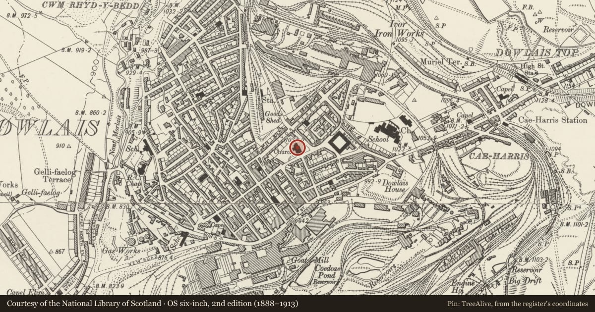 Ordnance Survey six-inch map, 2nd edition (1888–1913) covering the location of Church of St John, Dowlais, Merthyr Tydfil, with a pin at the register's coordinates