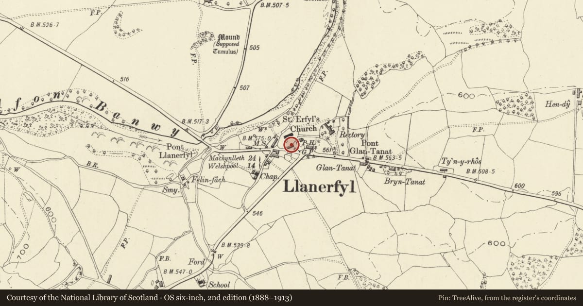 Ordnance Survey six-inch map, 2nd edition (1888–1913) covering the location of Erfyl House, Llanerfyl, Powys, with a pin at the register's coordinates