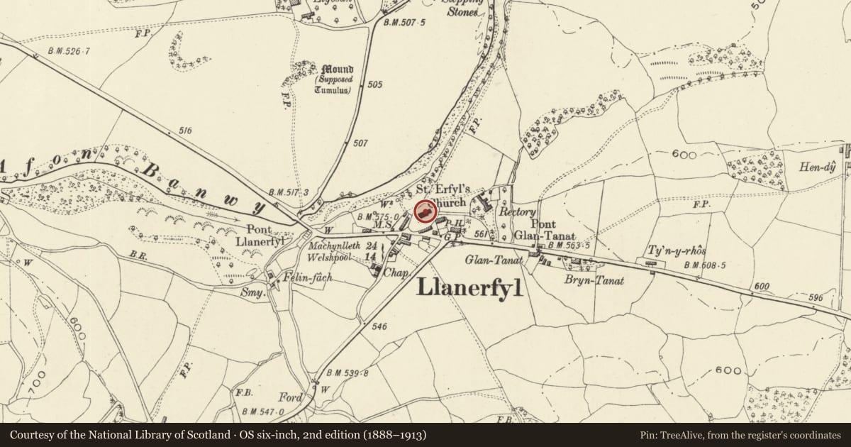 Ordnance Survey six-inch map, 2nd edition (1888–1913) covering the location of Church of St. Erfyl, Llanerfyl, Powys, with a pin at the register's coordinates