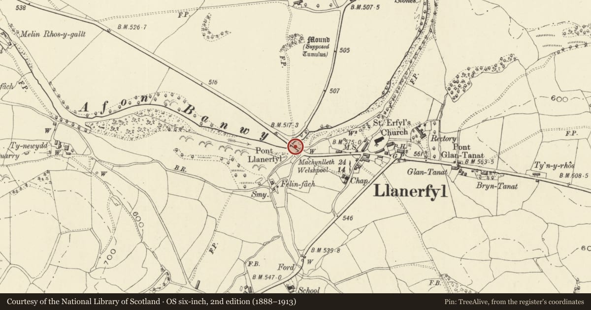 Ordnance Survey six-inch map, 2nd edition (1888–1913) covering the location of Pont Llanerfyl, Powys, with a pin at the register's coordinates