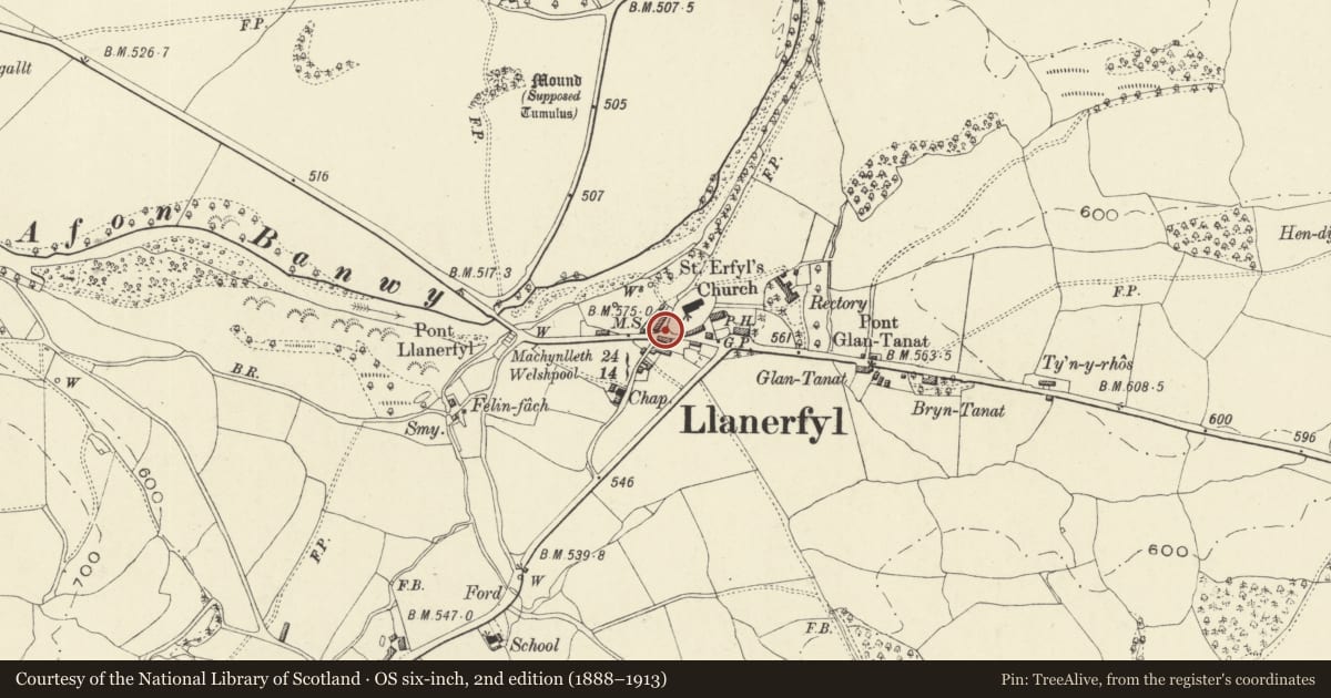 Ordnance Survey six-inch map, 2nd edition (1888–1913) covering the location of Water Standpost/Fire Hydrant, Llanerfyl, Powys, with a pin at the register's coordinates