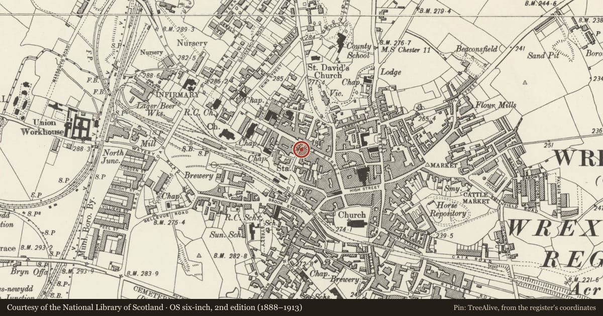 Ordnance Survey six-inch map, 2nd edition (1888–1913) covering the location of Horse and Jockey Public House, Offa, Wrexham, with a pin at the register's coordinates