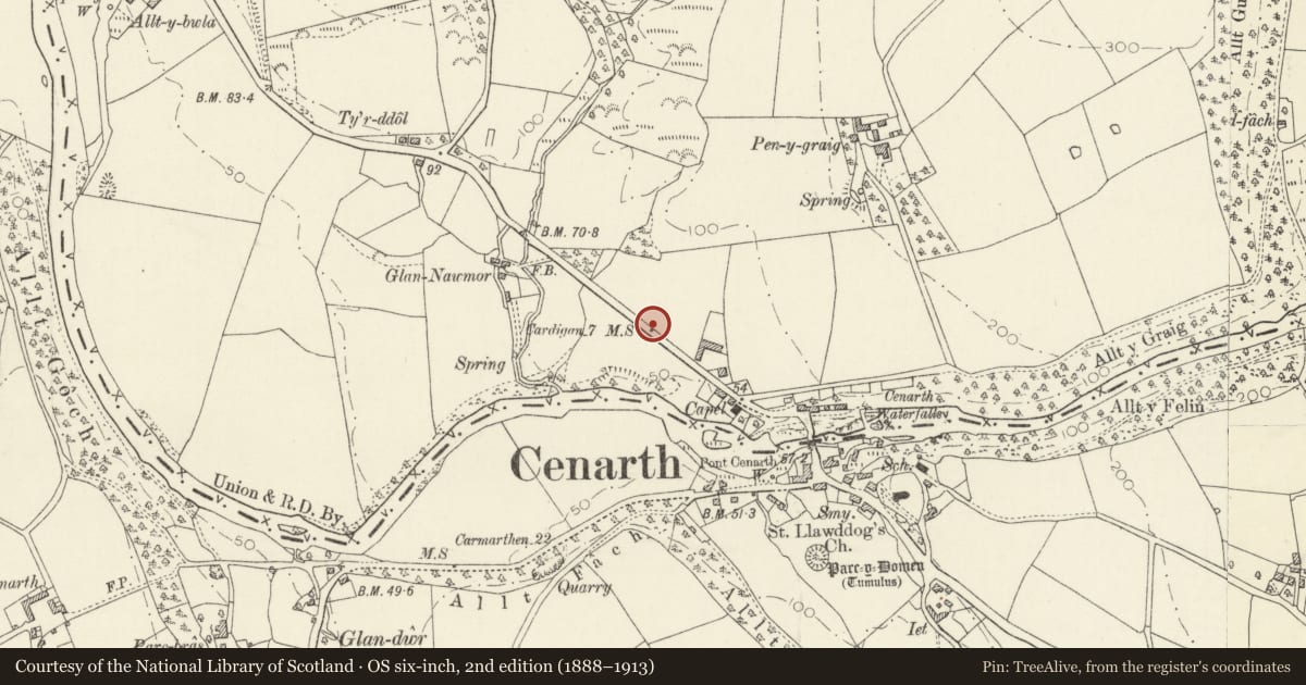Ordnance Survey six-inch map, 2nd edition (1888–1913) covering the location of Milestone on A484 at Cenarth, Beulah, Ceredigion, with a pin at the register's coordinates