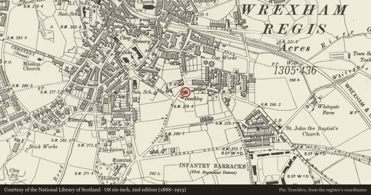 Ordnance Survey six-inch map, 2nd edition (1888–1913) covering the location of Beechley, Offa, Wrexham, with a pin at the register's coordinates
