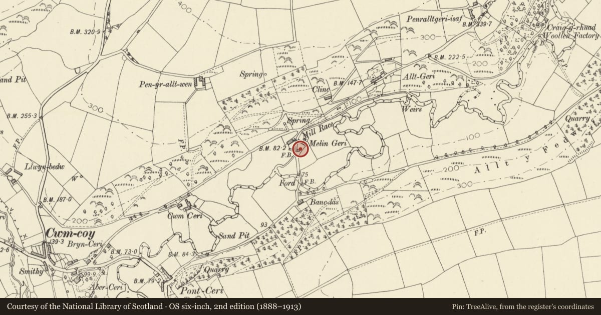 Ordnance Survey six-inch map, 2nd edition (1888–1913) covering the location of Felin Geri, Beulah, Ceredigion, with a pin at the register's coordinates
