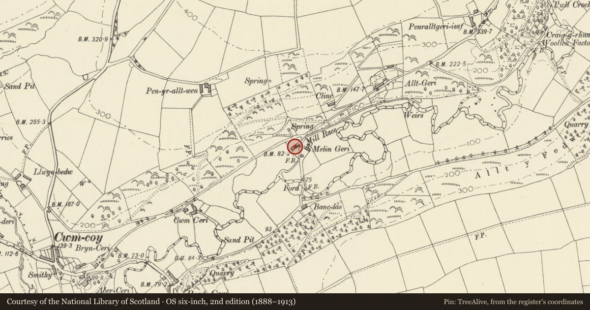 Ordnance Survey six-inch map, 2nd edition (1888–1913) covering the location of Felin Geri House, Beulah, Ceredigion, with a pin at the register's coordinates