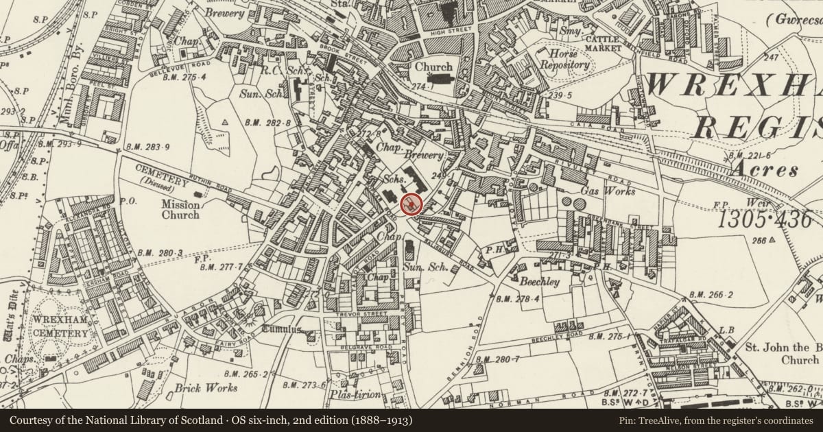 Ordnance Survey six-inch map, 2nd edition (1888–1913) covering the location of Poplar House, Offa, Wrexham, with a pin at the register's coordinates