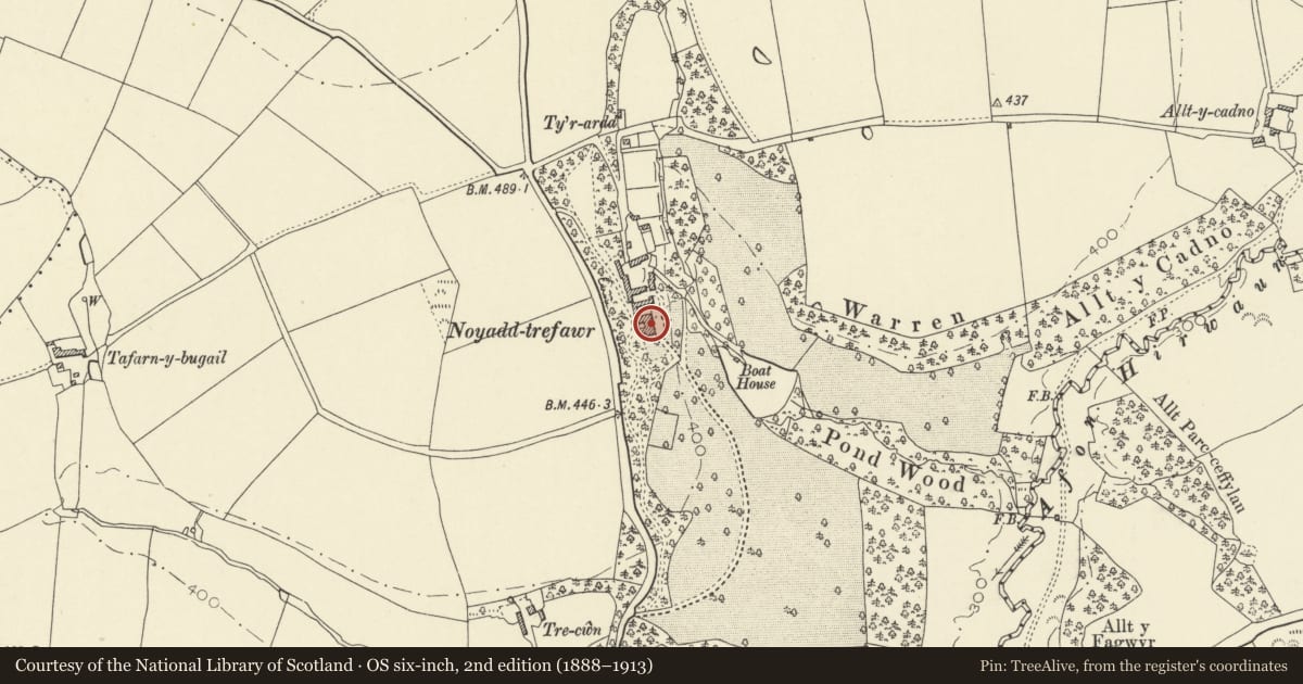 Ordnance Survey six-inch map, 2nd edition (1888–1913) covering the location of Noyadd Trefawr, Beulah, Ceredigion, with a pin at the register's coordinates