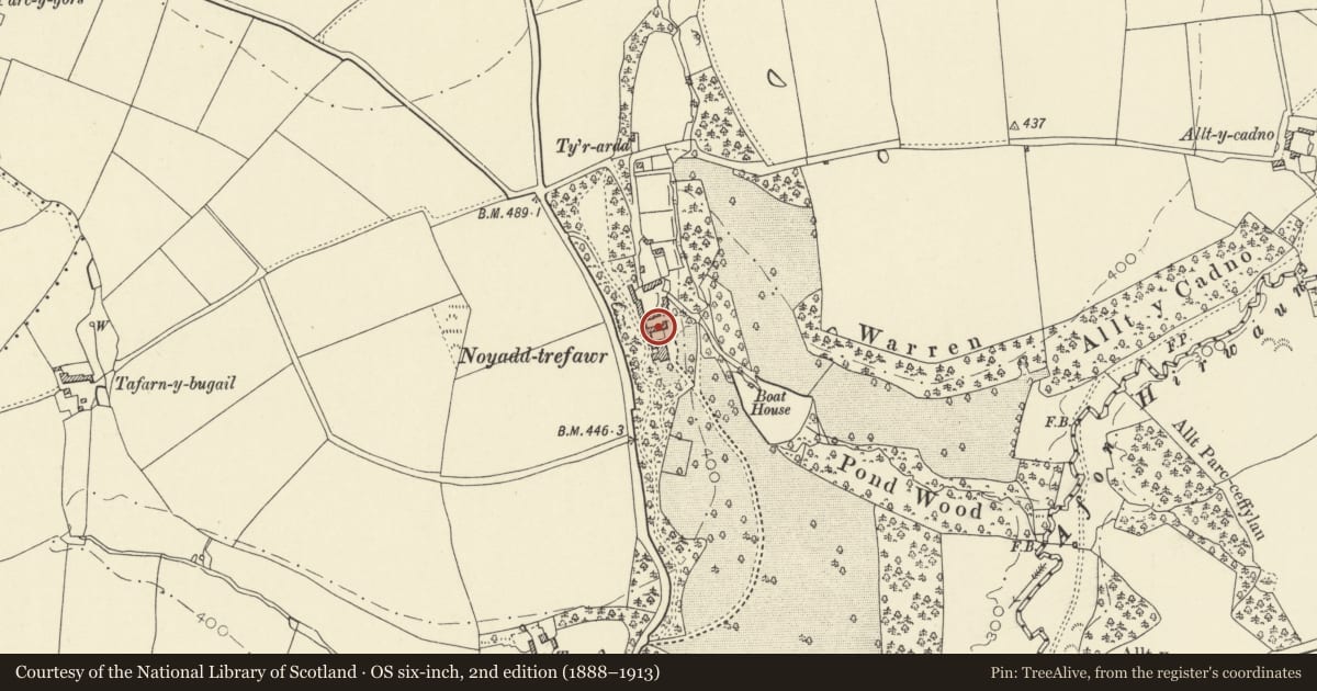 Ordnance Survey six-inch map, 2nd edition (1888–1913) covering the location of The Farmhouse, between first and second Courts, Noyadd Trefawr, Beulah, Ceredigion, with a pin at the register's coordinates