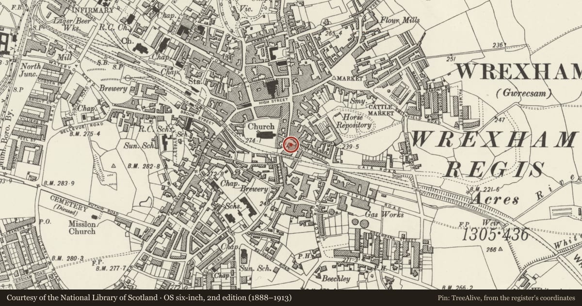 Ordnance Survey six-inch map, 2nd edition (1888–1913) covering the location of The Nags Head Public House, Offa, Wrexham, with a pin at the register's coordinates