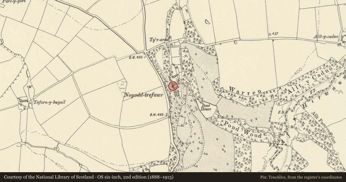 Ordnance Survey six-inch map, 2nd edition (1888–1913) covering the location of Stable Cottage at Neuadd Trefawr, Beulah, Ceredigion, with a pin at the register's coordinates