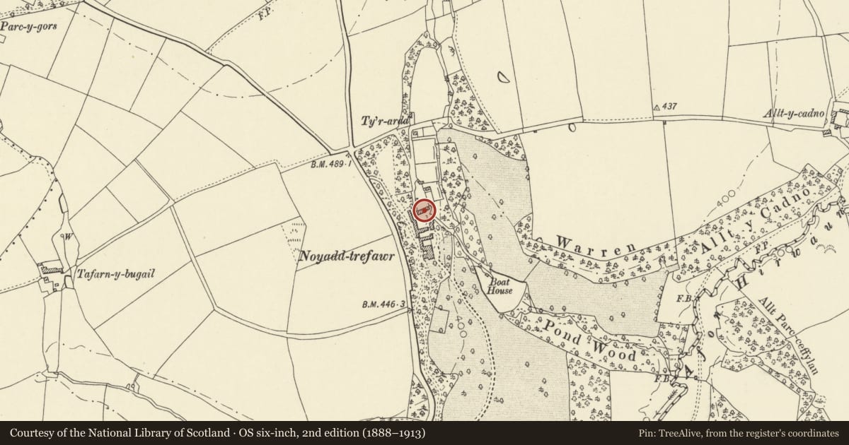 Ordnance Survey six-inch map, 2nd edition (1888–1913) covering the location of Barn at Noyadd Trefawr, Beulah, Ceredigion, with a pin at the register's coordinates