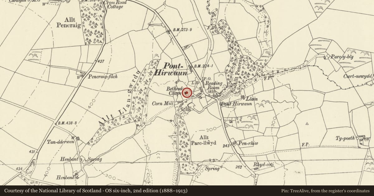 Ordnance Survey six-inch map, 2nd edition (1888–1913) covering the location of Bethesda Independent Chapel, Beulah, Ceredigion, with a pin at the register's coordinates