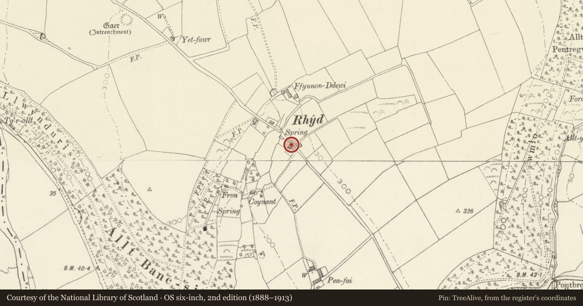 Ordnance Survey six-inch map, 2nd edition (1888–1913) covering the location of Cottage at Rhyd Farm, Beulah, Ceredigion, with a pin at the register's coordinates