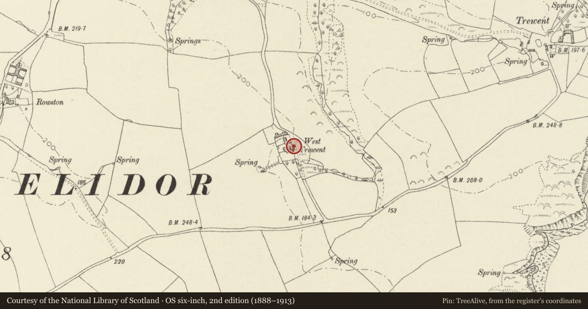 Ordnance Survey six-inch map, 2nd edition (1888–1913) covering the location of Mediaeval Building, Stackpole and Castlemartin, Pembrokeshire, with a pin at the register's coordinates