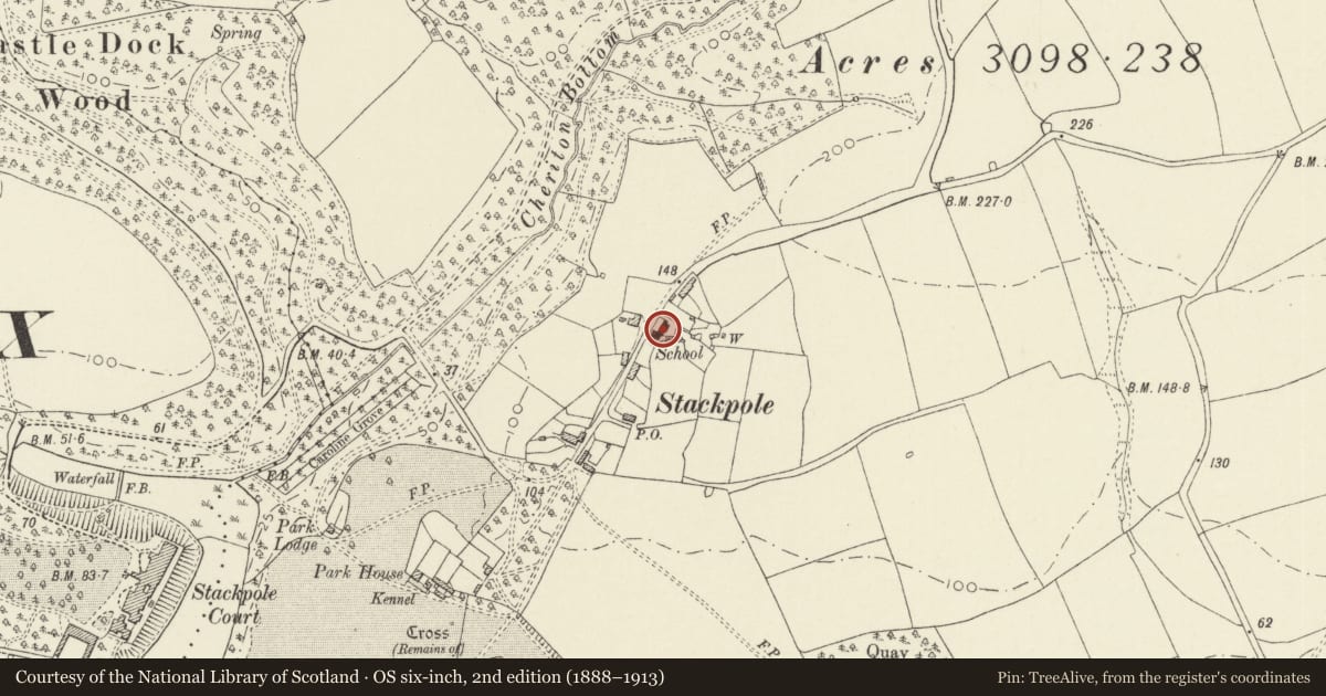 Ordnance Survey six-inch map, 2nd edition (1888–1913) covering the location of Old School house, Stackpole and Castlemartin, Pembrokeshire, with a pin at the register's coordinates