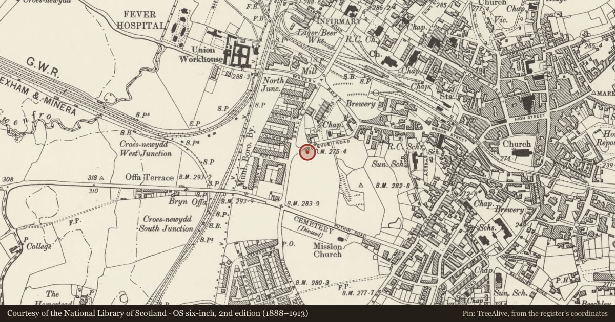 Ordnance Survey six-inch map, 2nd edition (1888–1913) covering the location of Statue of Queen Victoria, Offa, Wrexham, with a pin at the register's coordinates