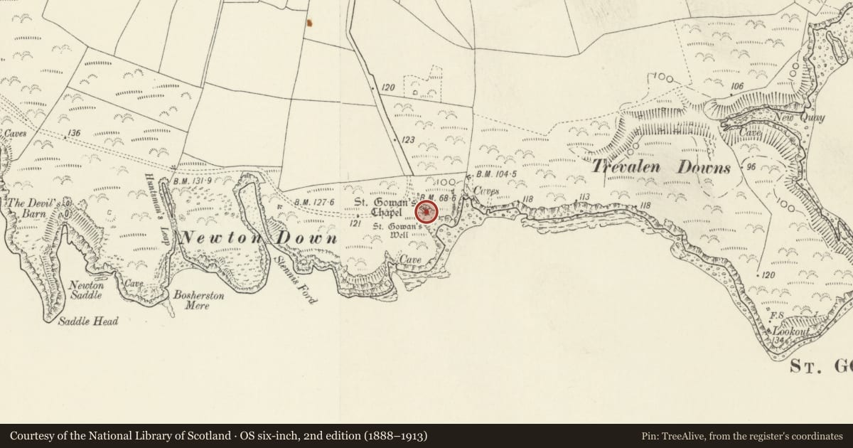 Ordnance Survey six-inch map, 2nd edition (1888–1913) covering the location of St. Govan's Chapel, Stackpole and Castlemartin, Pembrokeshire, with a pin at the register's coordinates