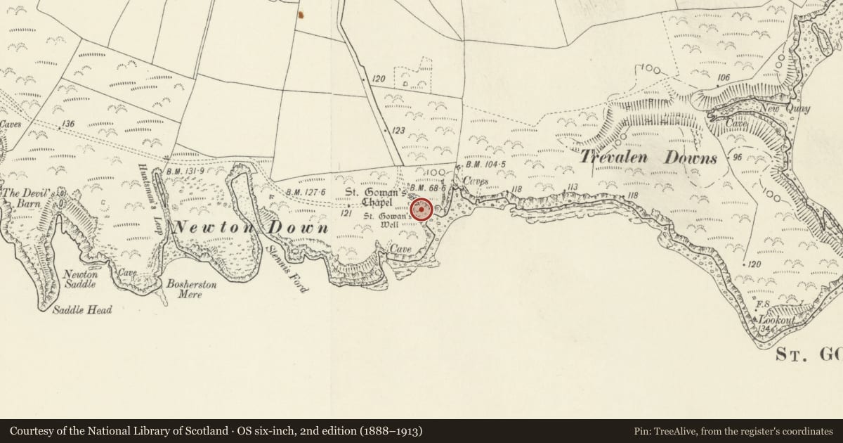 Ordnance Survey six-inch map, 2nd edition (1888–1913) covering the location of St. Govan's Well, Stackpole and Castlemartin, Pembrokeshire, with a pin at the register's coordinates