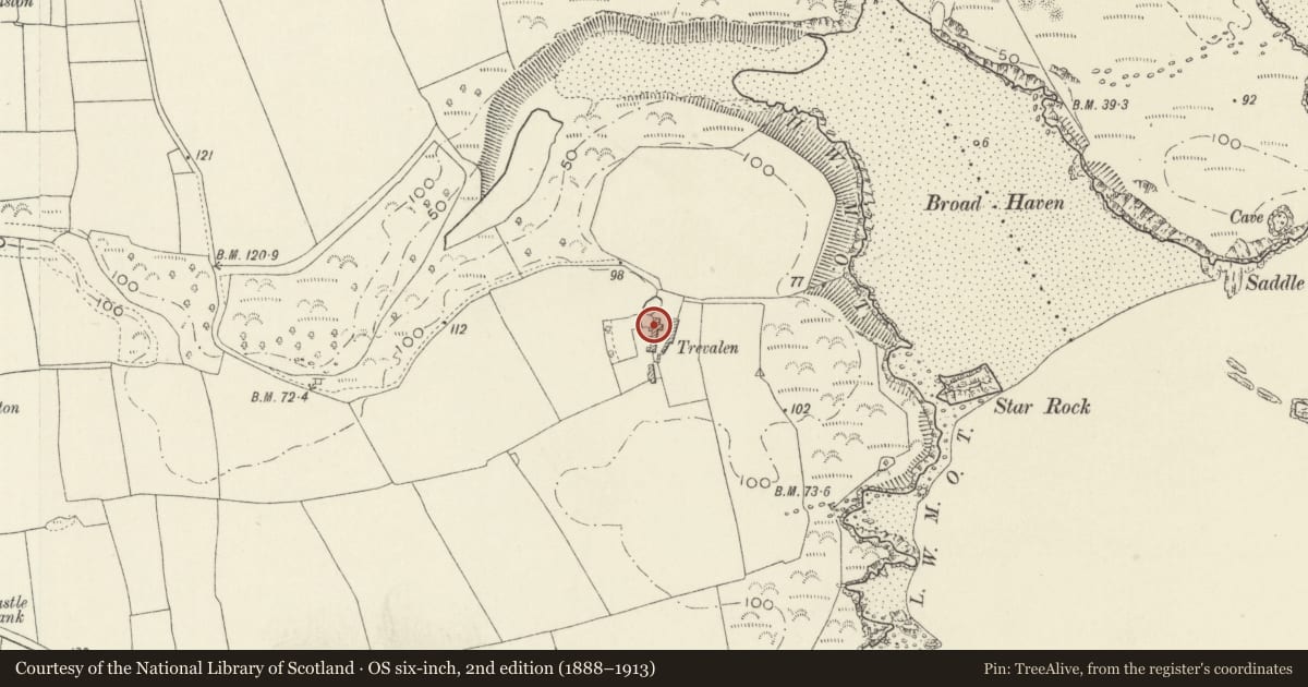 Ordnance Survey six-inch map, 2nd edition (1888–1913) covering the location of Trevallen Farmhouse, Stackpole and Castlemartin, Pembrokeshire, with a pin at the register's coordinates