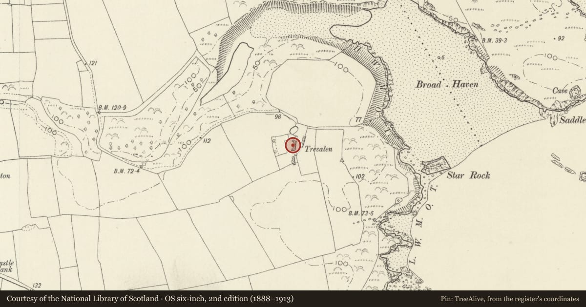 Ordnance Survey six-inch map, 2nd edition (1888–1913) covering the location of Trevallen Stable Block, Stackpole and Castlemartin, Pembrokeshire, with a pin at the register's coordinates