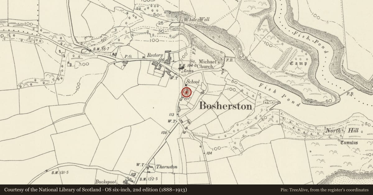 Ordnance Survey six-inch map, 2nd edition (1888–1913) covering the location of Ye Olde Worlde Cafe, Stackpole and Castlemartin, Pembrokeshire, with a pin at the register's coordinates