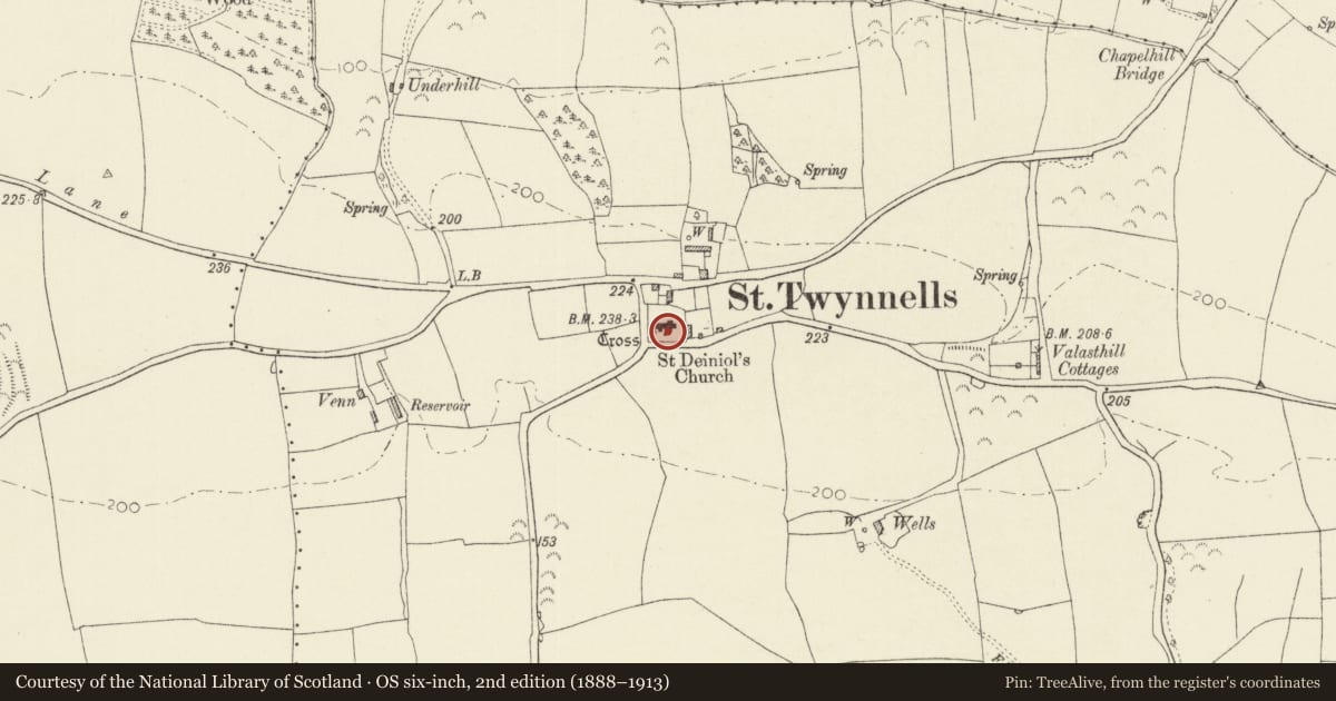 Ordnance Survey six-inch map, 2nd edition (1888–1913) covering the location of St Twynnell's Church Cross, Stackpole and Castlemartin, Pembrokeshire, with a pin at the register's coordinates