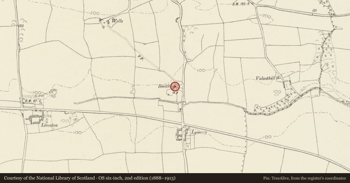 Ordnance Survey six-inch map, 2nd edition (1888–1913) covering the location of Smithy at Forge Cottage, Stackpole and Castlemartin, Pembrokeshire, with a pin at the register's coordinates