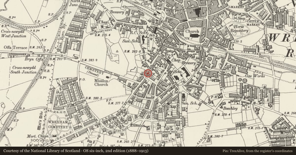 Ordnance Survey six-inch map, 2nd edition (1888–1913) covering the location of The Bowling Green Public House, Offa, Wrexham, with a pin at the register's coordinates