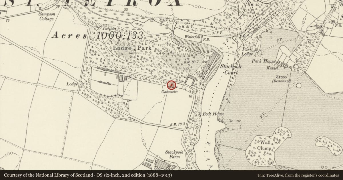 Ordnance Survey six-inch map, 2nd edition (1888–1913) covering the location of Gasworks, Stackpole and Castlemartin, Pembrokeshire, with a pin at the register's coordinates