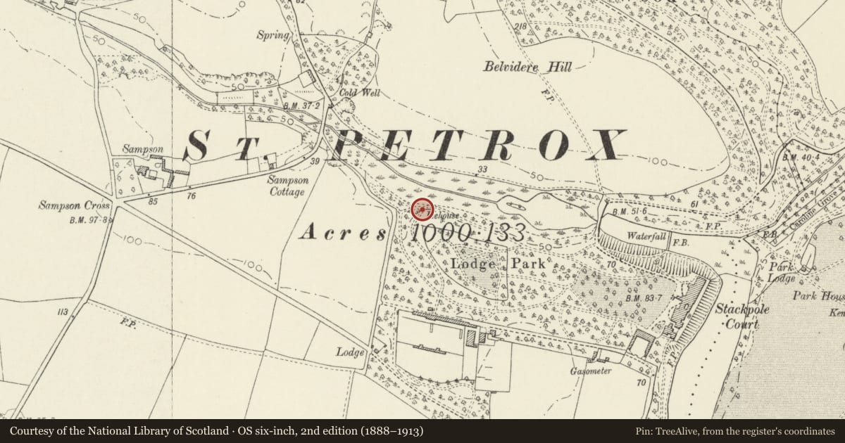 Ordnance Survey six-inch map, 2nd edition (1888–1913) covering the location of Ice House, Stackpole and Castlemartin, Pembrokeshire, with a pin at the register's coordinates